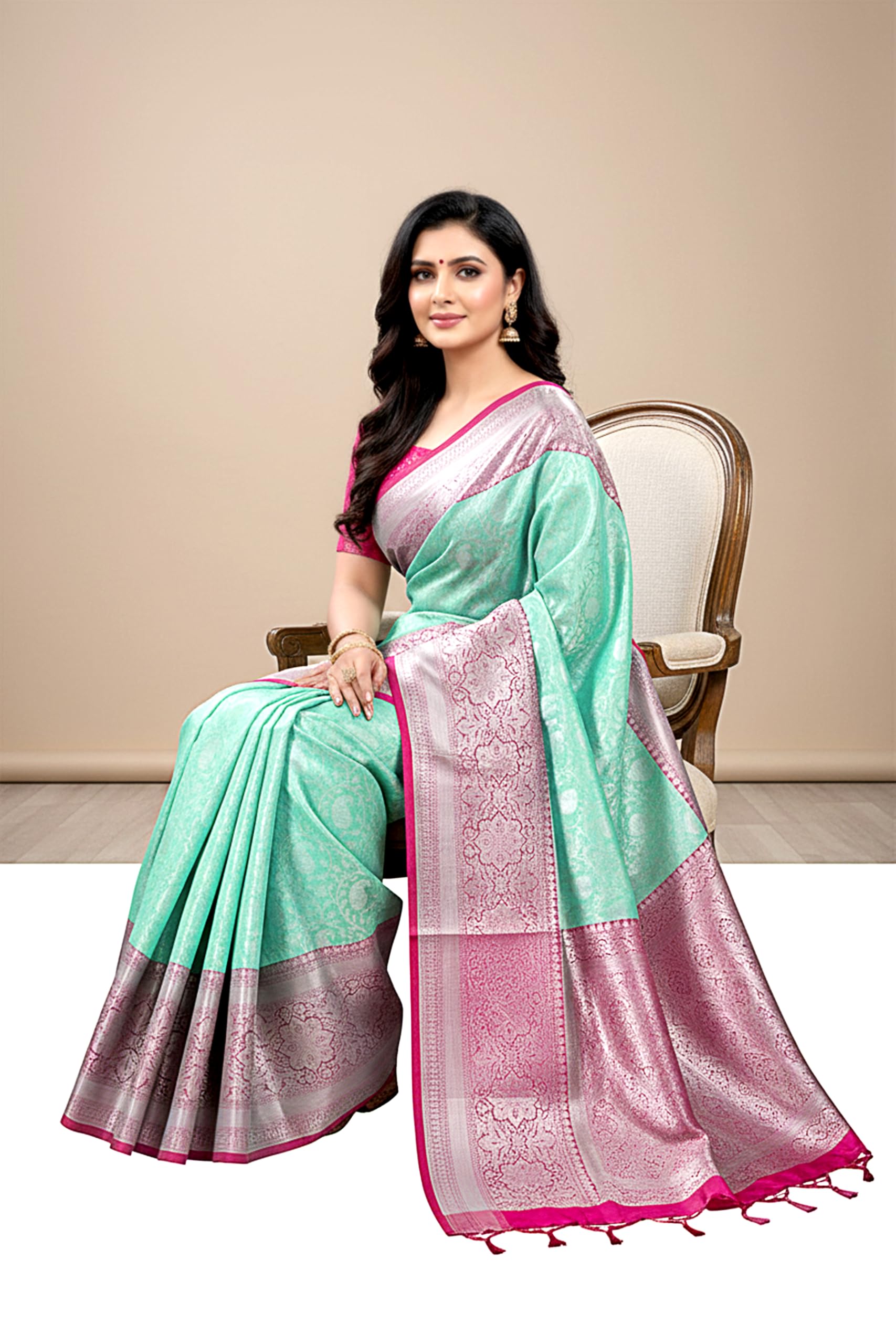 Chandrakala Banarasi Saree for Women with Unstitched Blouse Piece Indian Wear (1421) - Image 7