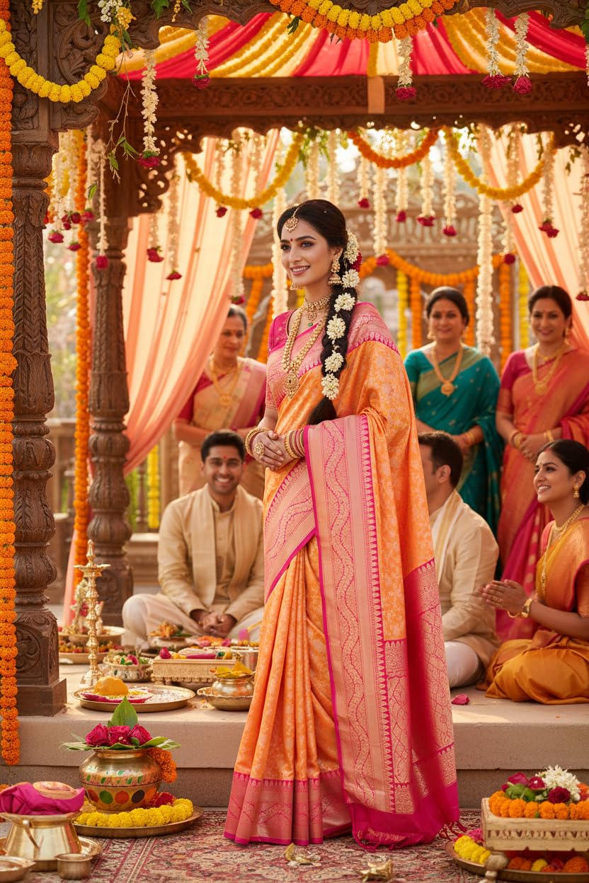 Chandrakala Banarasi Saree for Women with Unstitched Blouse Piece Indian Wear (1421) - Image 7