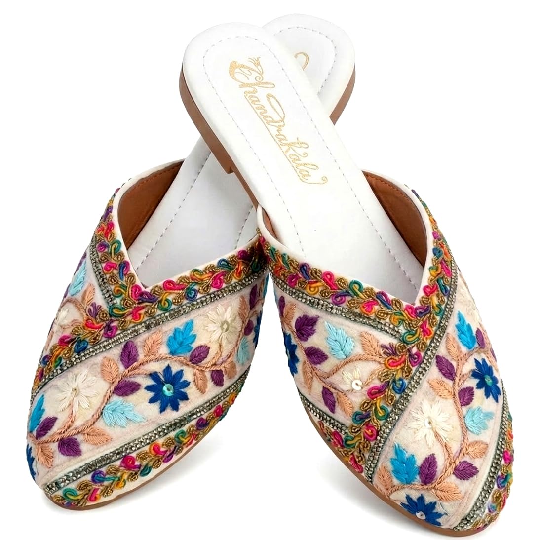 Chandrakala Bridal Mojaris for Women Flats Punjabi Jutti Slip-On Mules Embroidered Fashion Footwear (WF157-P) - Image 3