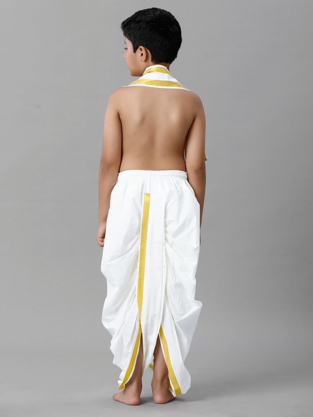 Chandrakala Dhoti & Angvastram Set for Boys, South Indian Dress with Golden Border (KB104-P) - Image 3