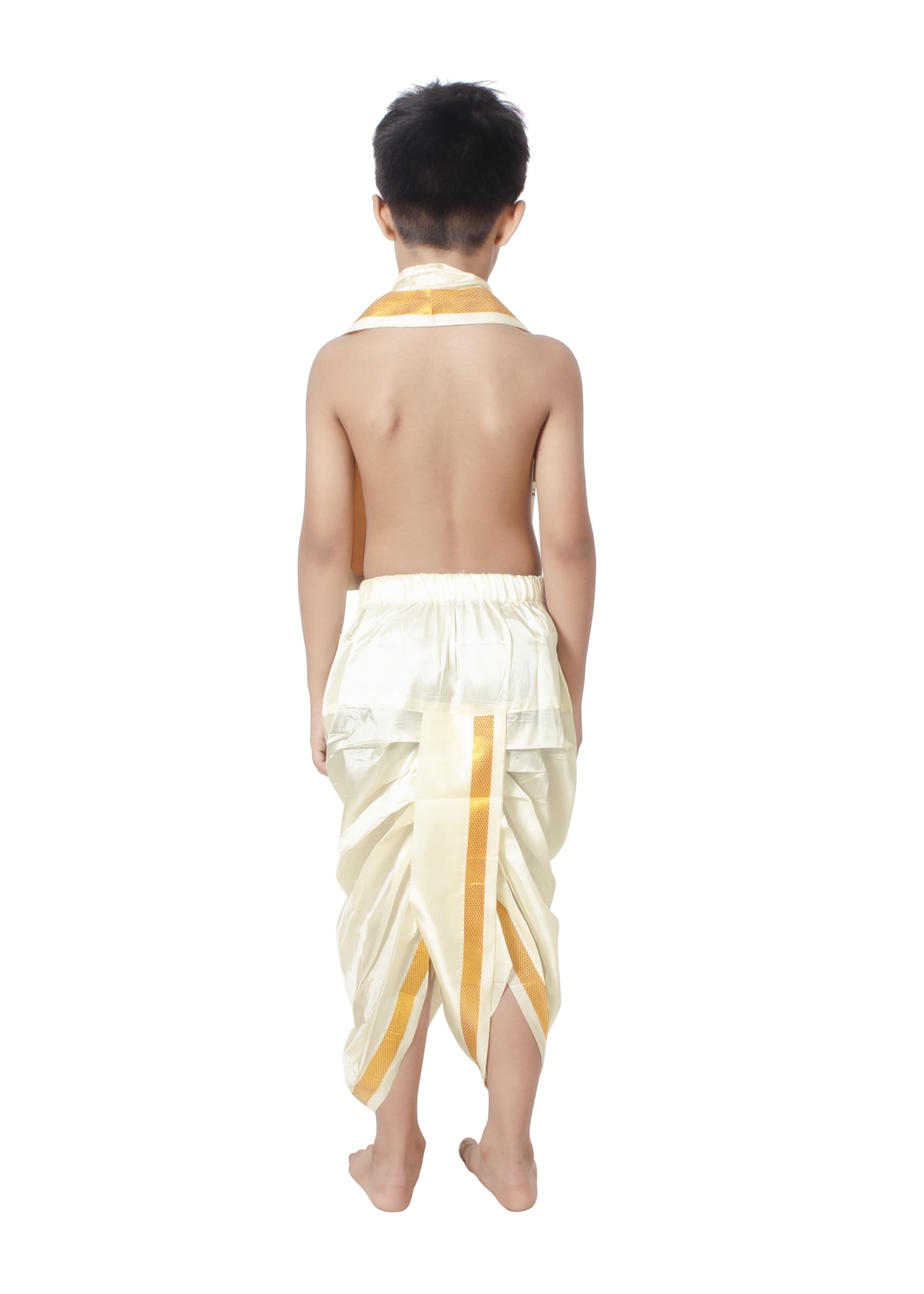 Chandrakala Dhoti & Angvastram Set for Boys, South Indian Dress with Golden Border (KB105-P) - Image 3