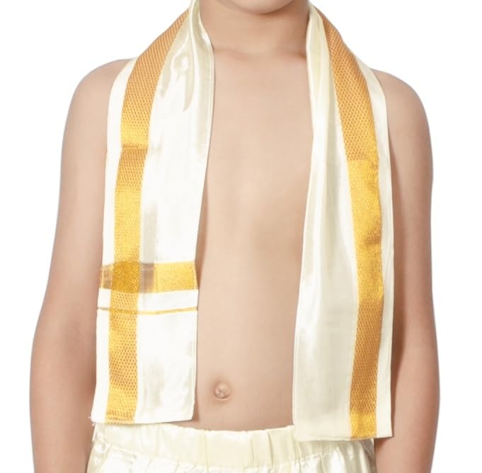 Chandrakala Dhoti & Angvastram Set for Boys, South Indian Dress with Golden Border (KB105-P) - Image 4