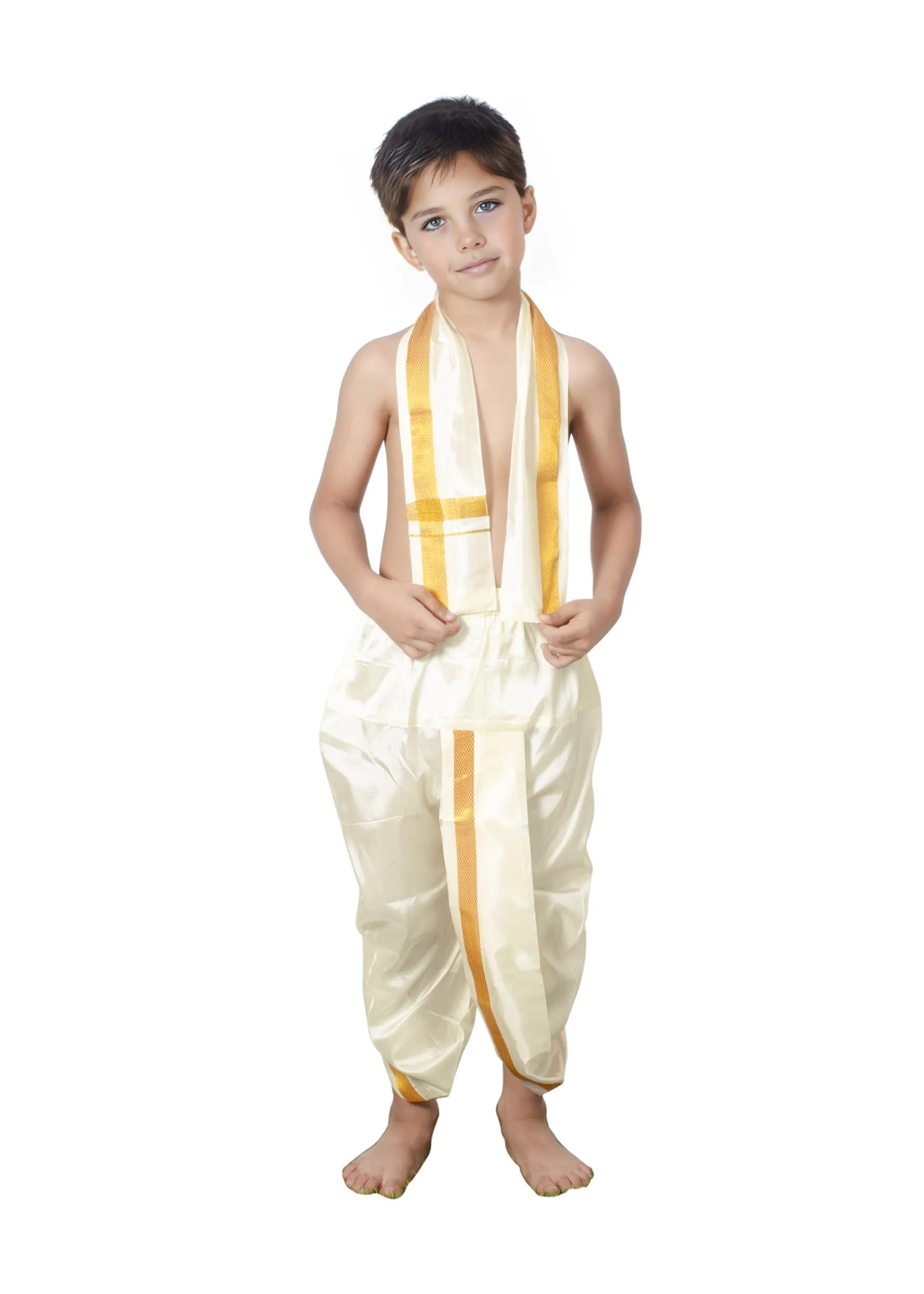 Chandrakala Dhoti & Angvastram Set for Boys, South Indian Dress with Golden Border (KB105-P) - Image 6