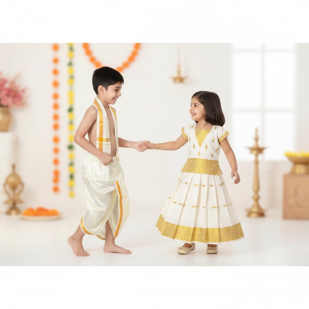 Chandrakala Dhoti & Angvastram Set for Boys, South Indian Dress with Golden Border (KB105-P) - Image 7