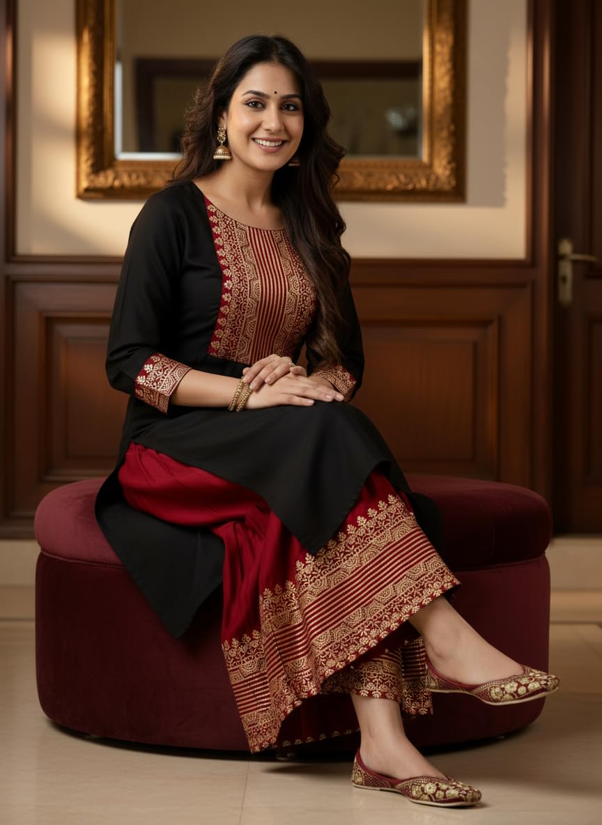 Chandrakala Kurti Sharara Set For Women Rayon Tunic Suit Sets Indian Summer Dress (K240-P) - Image 5