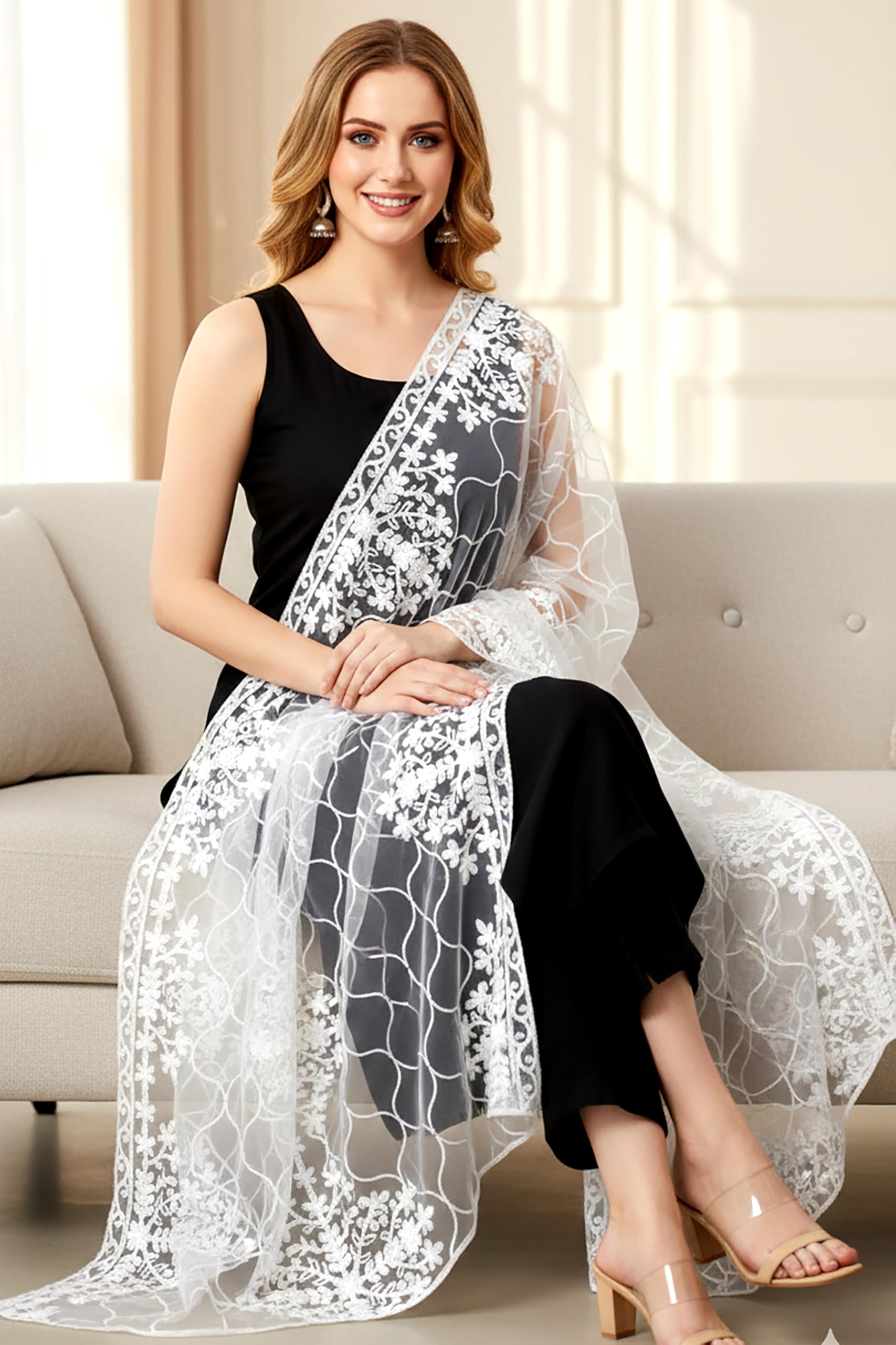 Chandrakala Net Dupatta for Women, Shawl Scarf Wrap Chunni, (D185) - Image 3