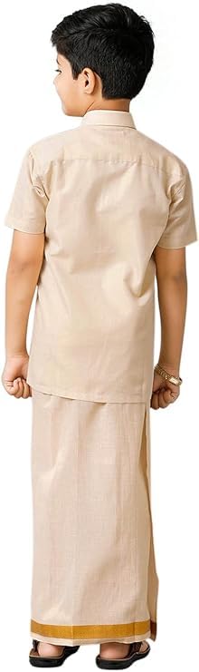 Chandrakala Shirt Dhoti Set for Boys Half Sleeve Tissue Jari South Indian Dress (KB103-P) - Image 3