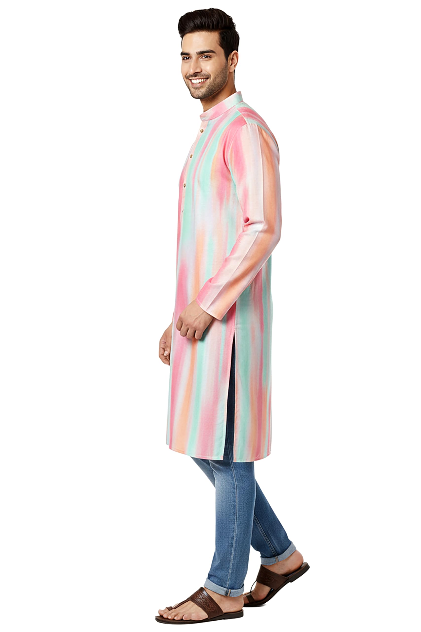 Chandrakala Slim Fit Printed Kurta for Men Cotton Long Sleeve Straight Tunic (MK114-P) - Image 3