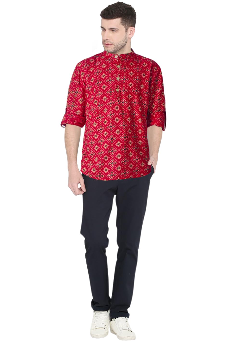 Chandrakala Slim Fit Printed Short Kurta for Men Cotton long roll-up sleeves Straight Tunic (MK115-P) - Image 3