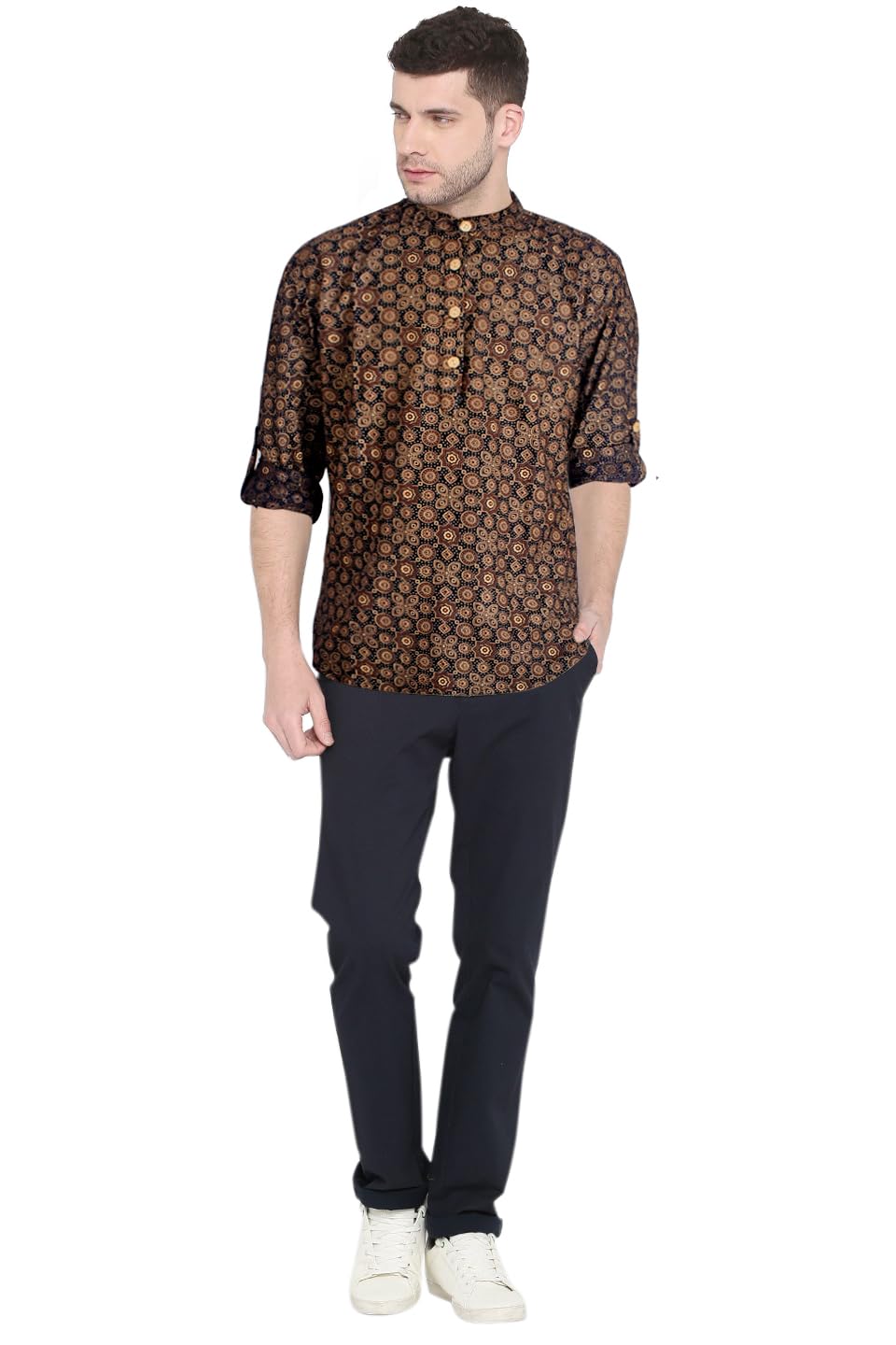 Chandrakala Slim Fit Printed Short Kurta for Men Cotton long roll-up sleeves Straight Tunic (MK115-P) - Image 3